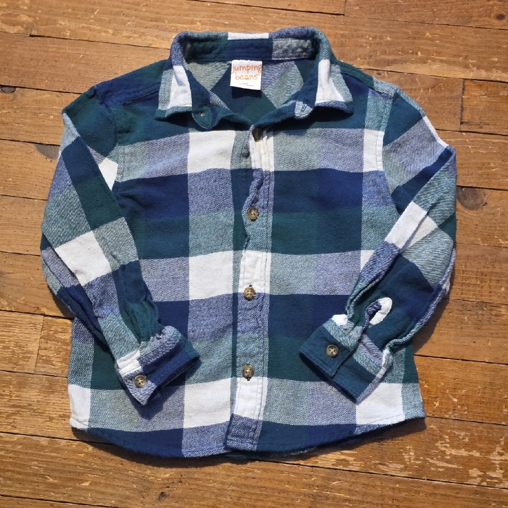 (Boys 4T) Jumping Beans Blue and Green Checkered Button Down Shirt Long Sleeve